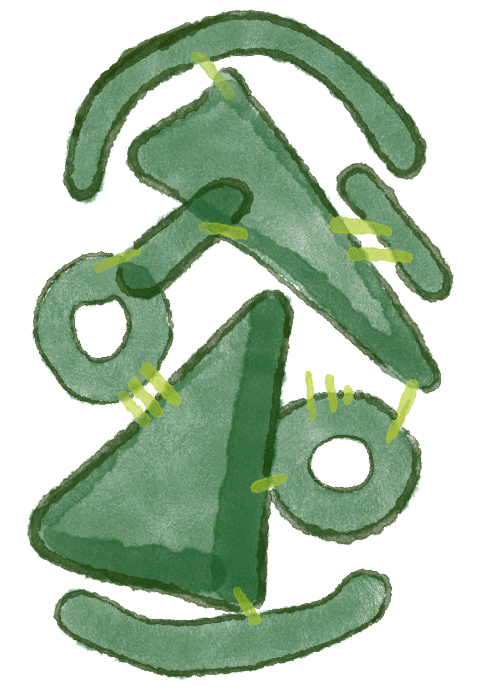a green amalgamation of shapes in a vaguely face-like arrangement